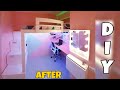 EXTREME SMALL ROOM SPACE SAVING MAKEOVER- DIY LOFT BED GAMING ROOM SETUP on Budget | LED Headboard-
