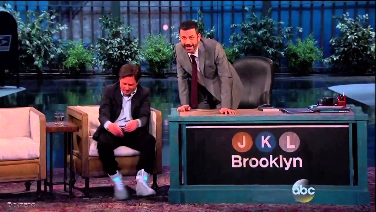 Michael J. Fox Tries on the Power Lacing Nike Mag on Jimmy Kimmel.