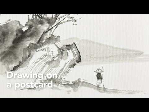 Sumi-e on Postcards: Seashore, Beetle, Sunflower, Goldfish