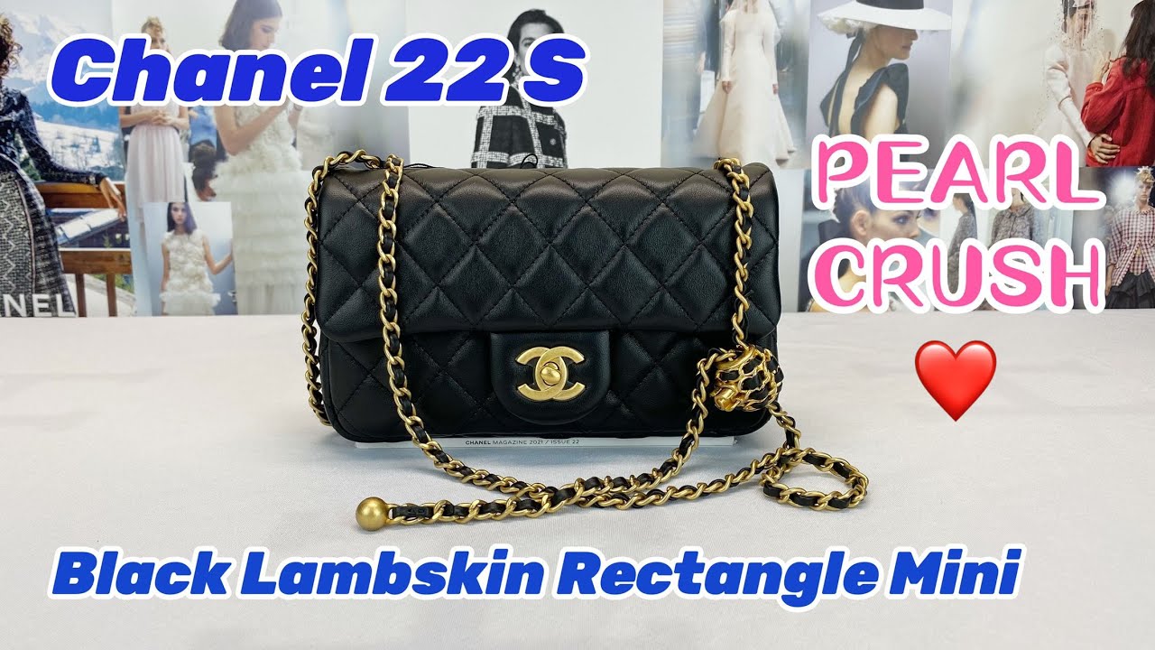Chanel 22S PEARL CRUSH Black Lambskin Rectangle Mini with Antique Gold  Hardware. 