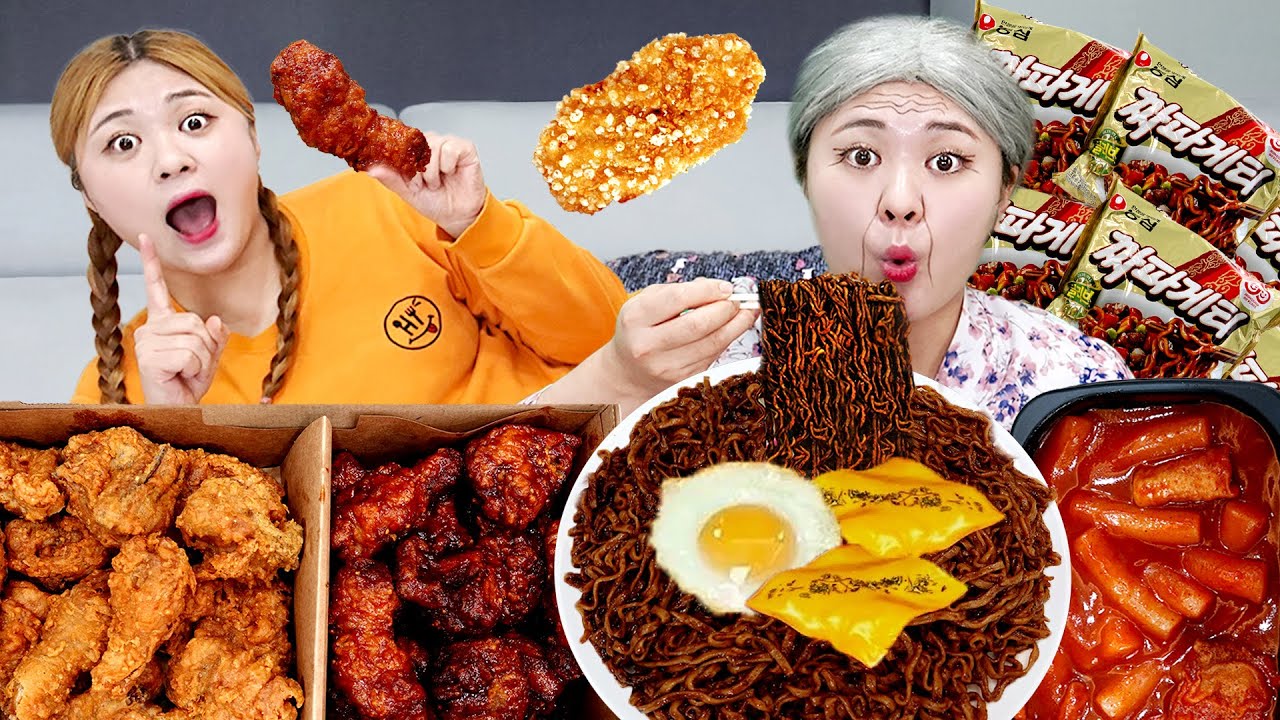 MUKBANG 하이유의 직접 만든 짜파게티 교촌 신메뉴 양념치킨 후라이드 먹방! BLACK BEAN NOODLES FRIED CHICKEN EATING SOUND | HIU 하이유