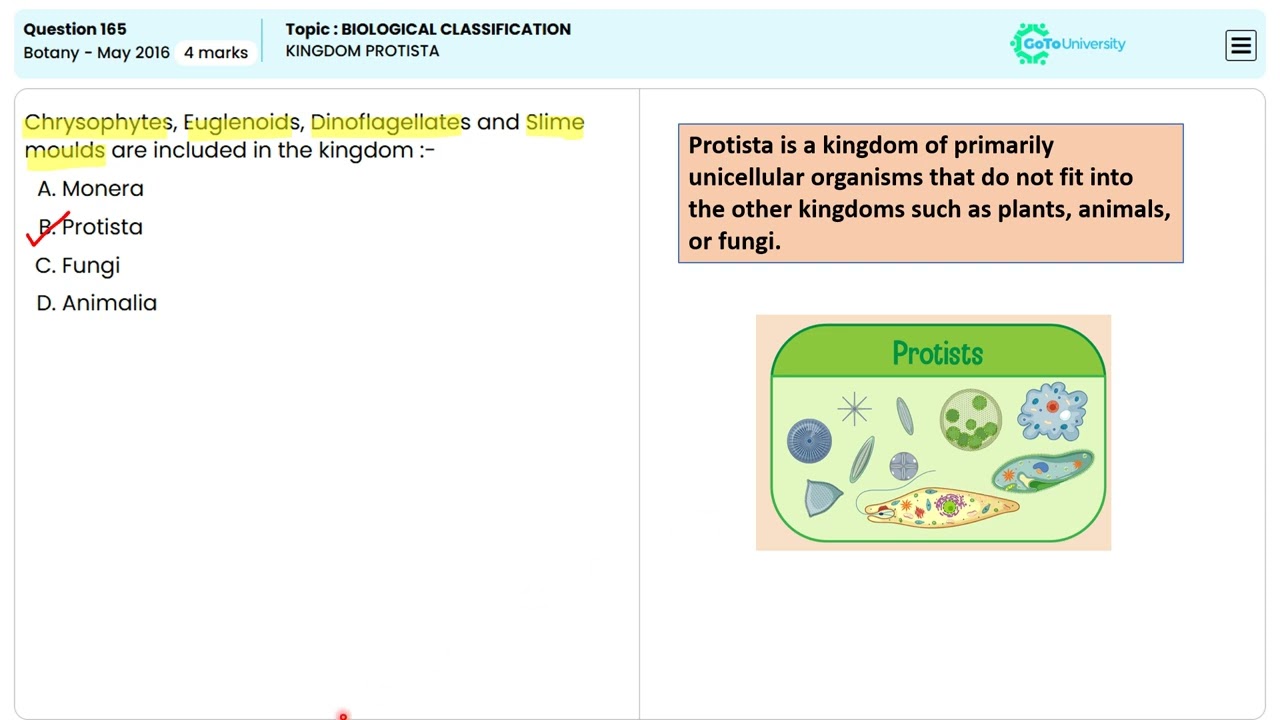 Kingdom Protista Classification and Characteristics NEET Botany Q165 May  2016
