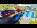 High Speed Car Jump In Four Pools (Bugatti &amp; Ferrari) - BeamNG.drive Epic Pool Jumps (Crash Test)