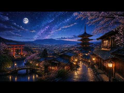 【4K】Moonlit Kyoto 🌸✨Japanese Ambient Music with River & Wind Sounds for Study, Sleep & Relax