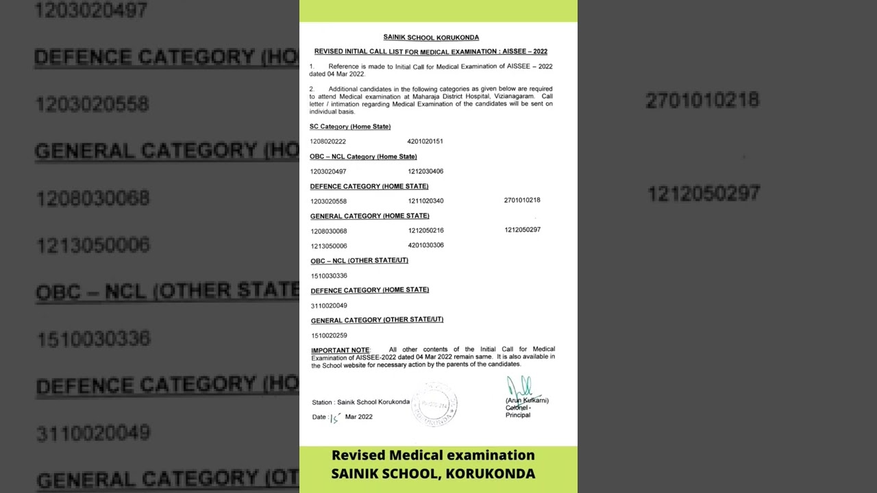 REVISED MEDICAL EXAMINATION KORUKONDA SAINIK SCHOOL