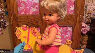 1967 Mattel Tippee Toes WALKING Baby Doll with Horse & Tricycle Vintage Dolls 1960s