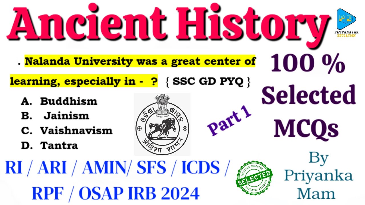 Ancient History Selected Questions for OSSSC Exams || Ancient History Selected MCQs for RI ARI AMIN