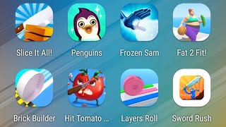Slice It All,Super Penguins,Frozen Sam,Fat 2 Fit,Brick Builder,Hit Tomato,Layers Roll,Sword Rush screenshot 5