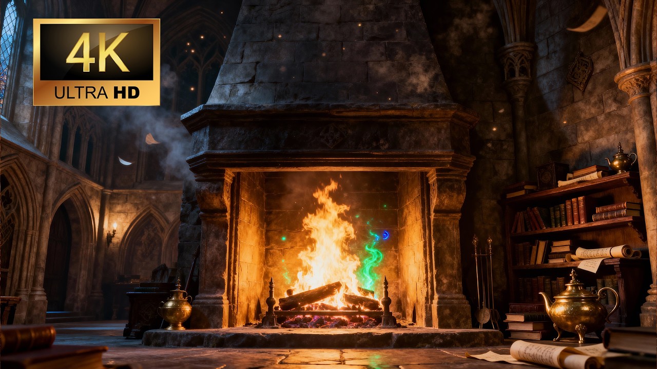 Sleeping in Gryffindor Tower During a Snowstorm | 4K Fireplace Ambience