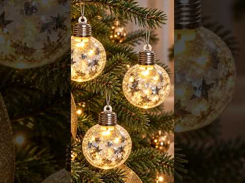 Ёлочный шар с LED-подсветкой 8 см, прозрачный со звёздами, тёплый белый свет, видео 1