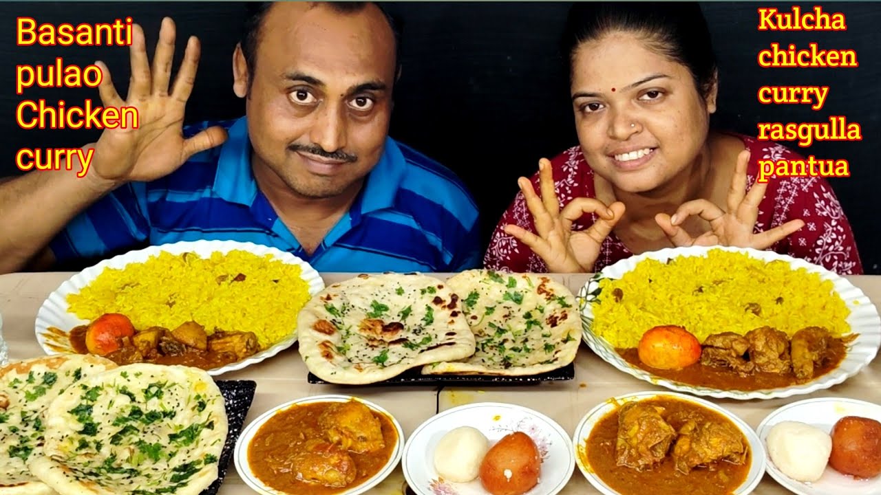 BASANTI PULAO CHICKEN CURRY BOIL EGG KULCHA CHICKEN CURRY RASGULLA PANTUA EATING CHALLENGE