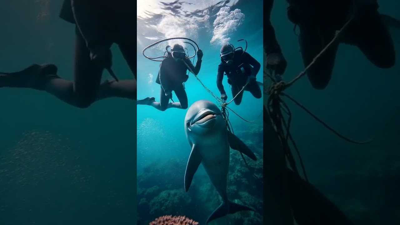 Divers carefully removing fishing nets tangled on injured dolphins
