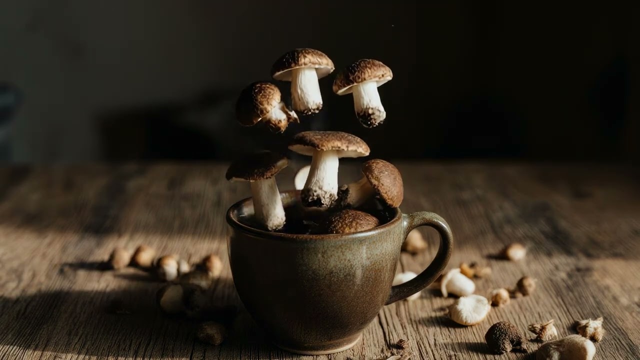 Firefly Making a No Stress Clip of Mushrooms Falling into Mushroom Coffee