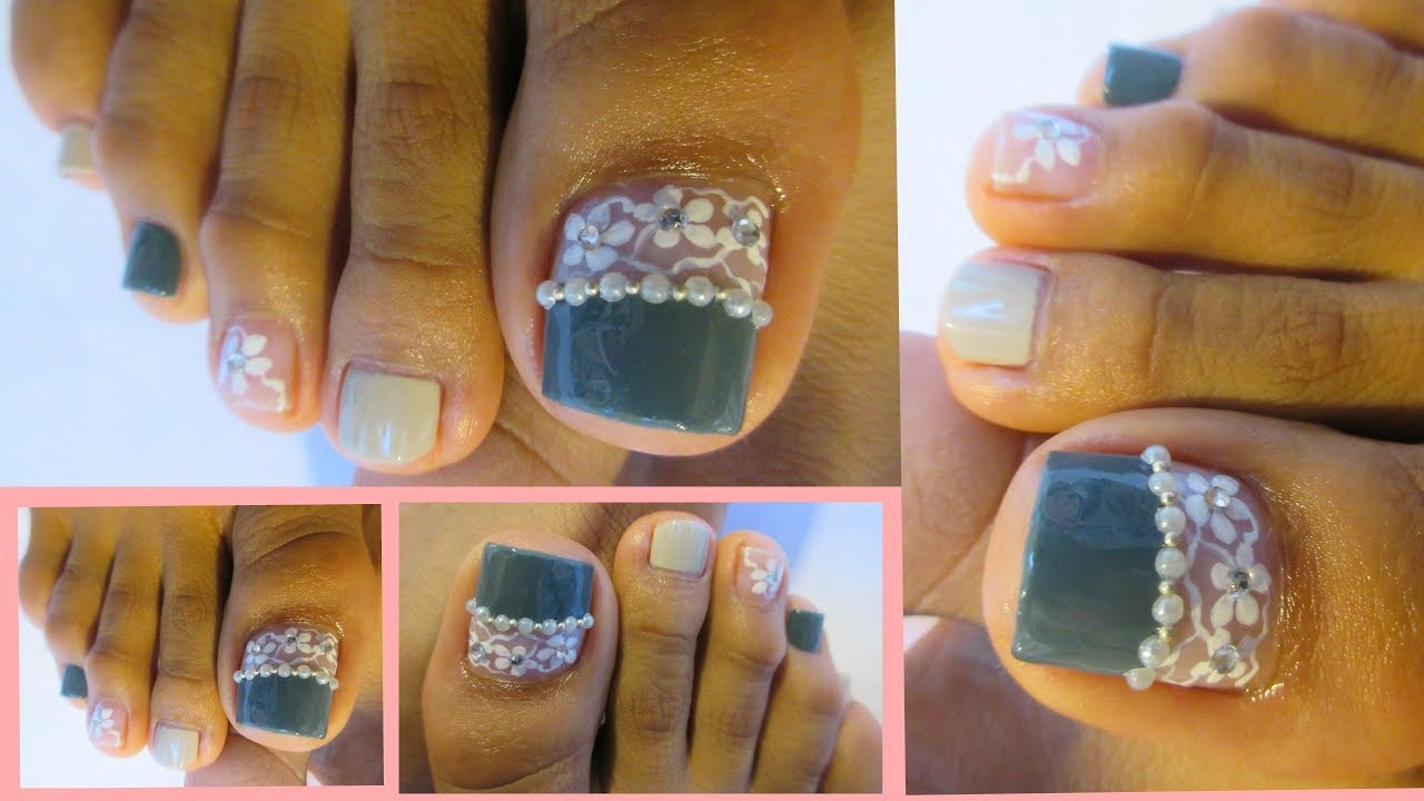 Pedicure con detalles de flores en blanco/Fall toe nail art design