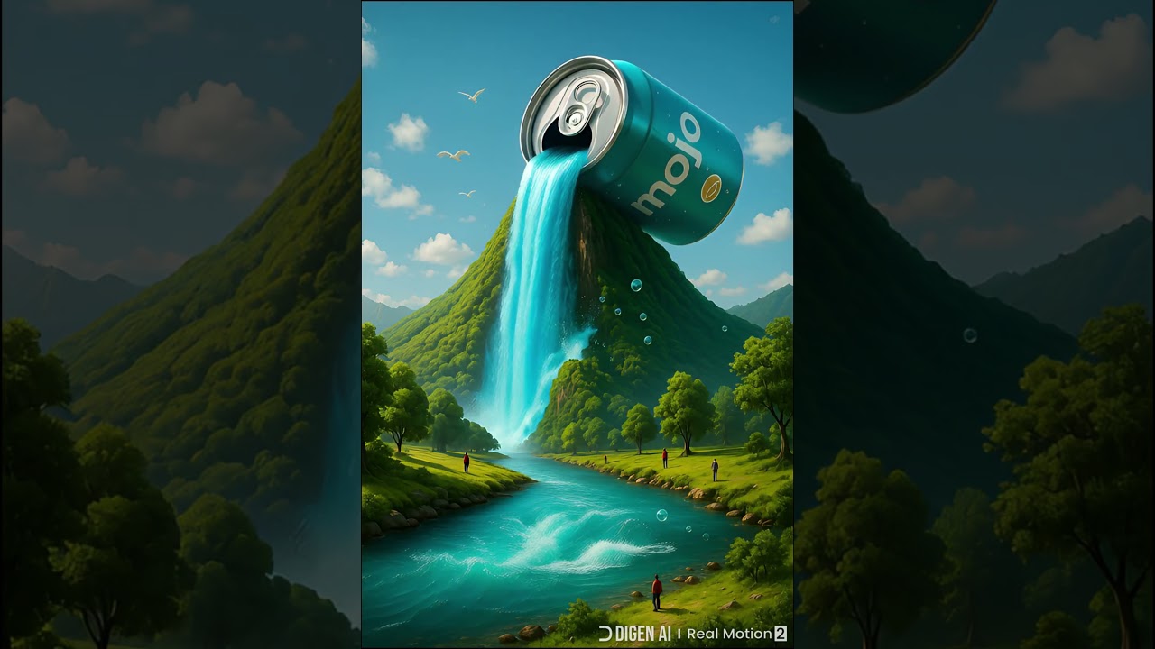 "When Nature Drinks Mojo – A Surreal Waterfall from a Can!"