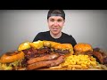 NEW Gourmet CHEESEBURGERS and BBQ Ribs Mukbang! + Mac N Cheese Garlic Fries, Buttery CornBread +