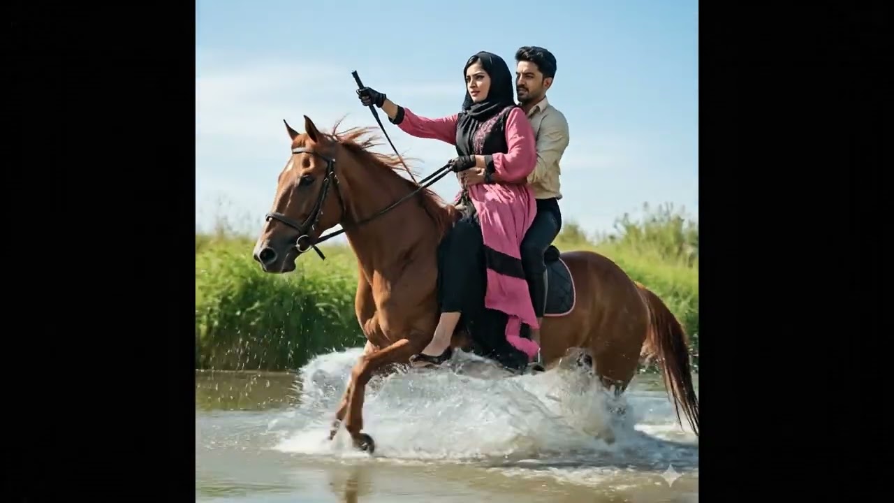 young Couple ride horse in water 01