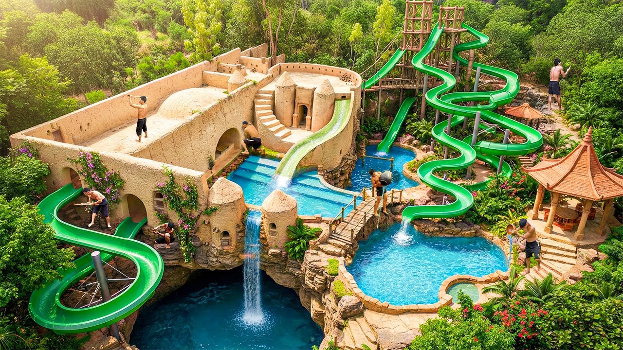 Building a Giant Jungle Cliffside Water Park with Massive Water Slides Using Primitive Tools