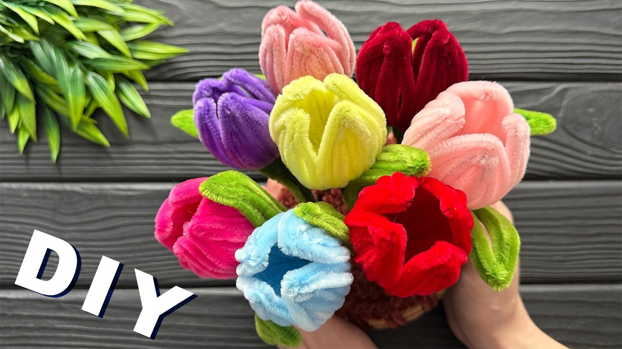 DIY Craft Ideas! How to Make Tulips basket from Chenille Stems Pipe Cleaner Flowers Ideas