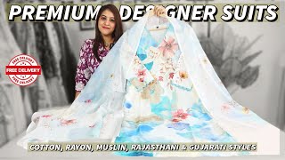 Premium Designer Cotton Suits: Cotton, Rayon, Muslin, Rajasthani & Gujarati Styles!