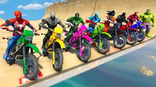 Spider-Man MOTORCYCLES JUMP INTO THE NARROW RAMP CHALLENGE With Superheroes - GTA 5