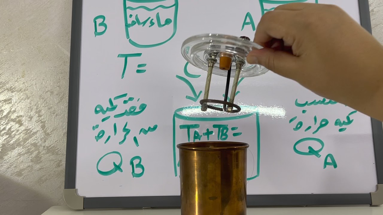 شرح للمسعر وقانون حفظ الطاقة الحرارية وكمية الحرارة المكتسبة والمفقوده والاتزان الحراري عملي ونظري