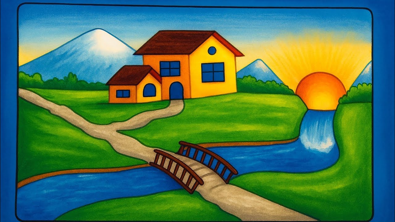 How to draw scenery with house| ghar kese banaye I nature scenery drawing 