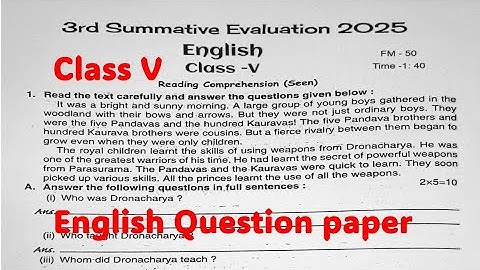 Class 5 3rd unit test english question paper 2025||class 5 english 3rd summative||class five english