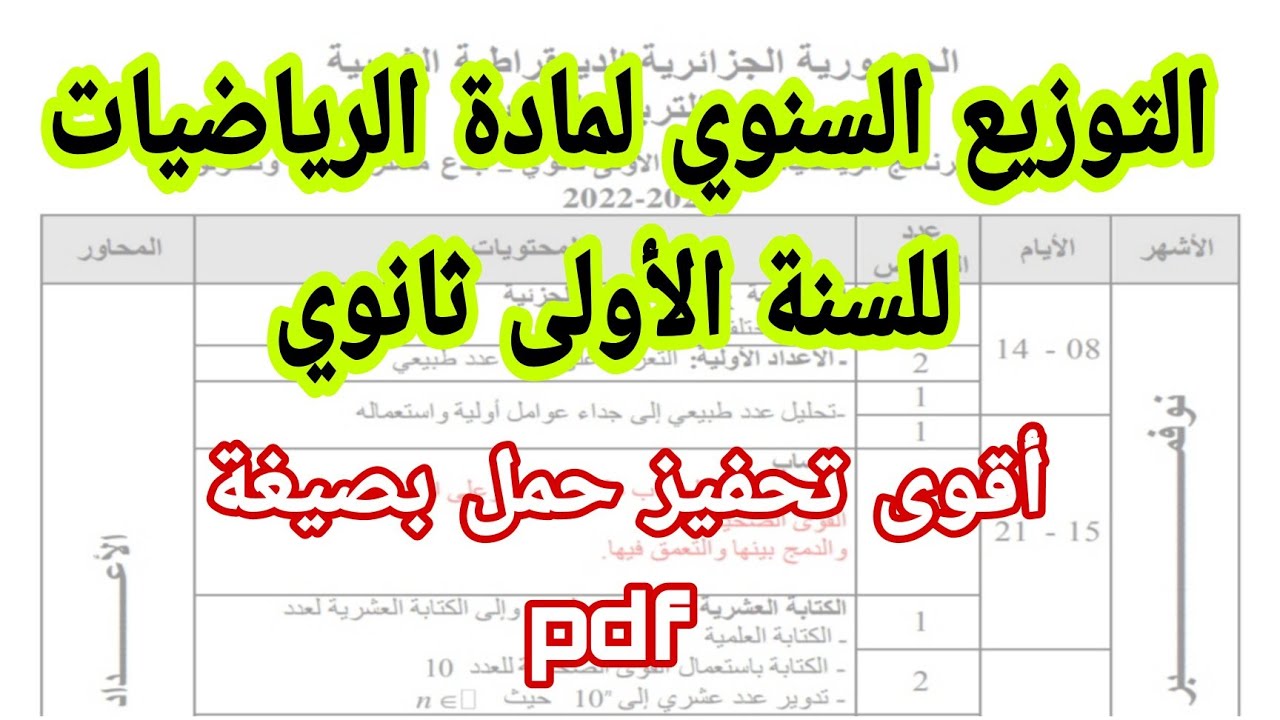 التوزيع السنوي لمادة الرياضيات للسنة الأولى ثانوي