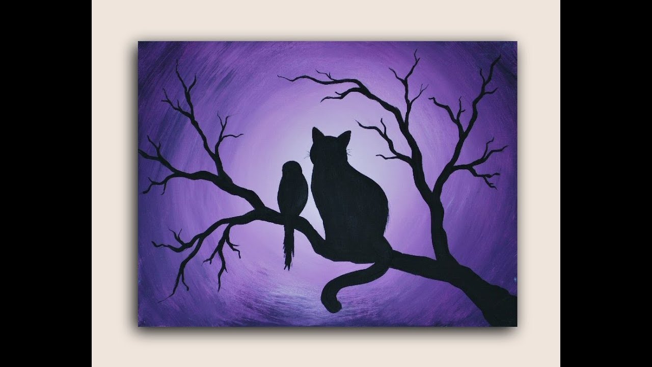 Acrylic Painting  Cat  and Bird Silhouette Painting  on 