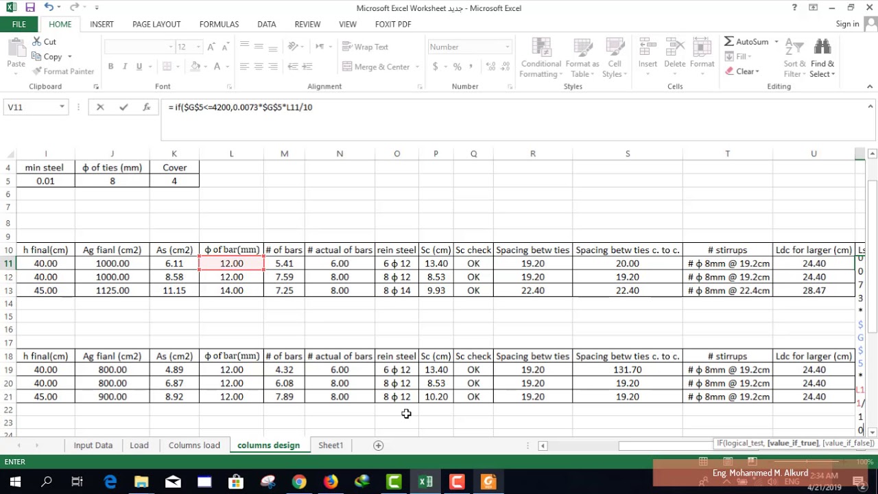 Lecture 7 part 3: Preparing Excel sheet for lap splice in columns ...