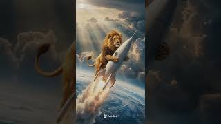 Lion flying up with a rocket