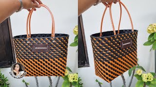 วิธีการสานกระเป๋าจากเส้นพลาสติก สีดำ-ส้ม/ Bag making tutorial