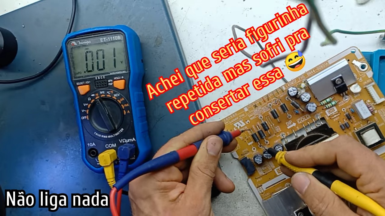 Tv Samsung 40 polegadas UN40J5200G não liga nada, curto na placa fonte, depois ligou sem imagem, ufa