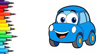 How to Draw a Cute Blue Cartoon Car | Easy Drawing, Coloring & Painting for Kids
