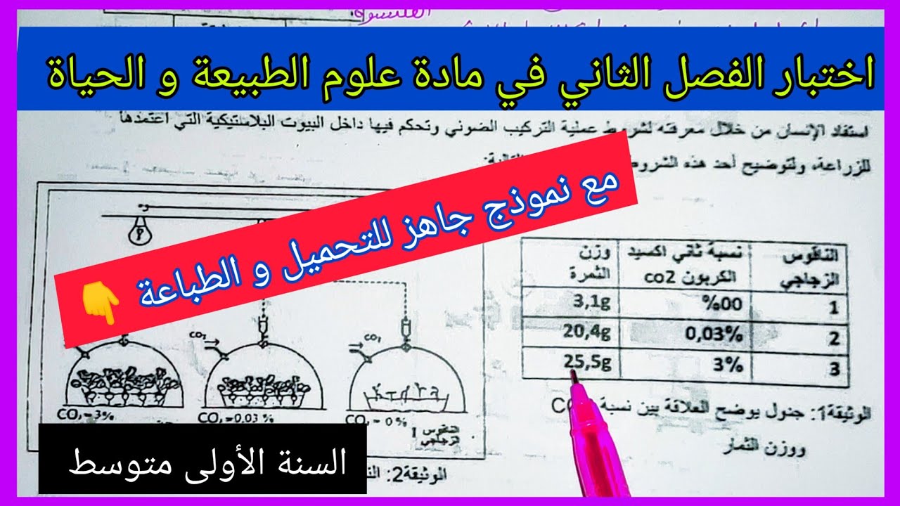 اختبار الفصل الثاني في مادة علوم الطبيعة و الحياة السنة الأولى متوسط مع نموذج جاهز للتحميل