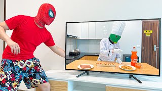 5 SPIDER-MAN Bros vs MAGIC TELEVISION ( Take a Food , Trampoline , Dinosaur ... ) || Comedy Video