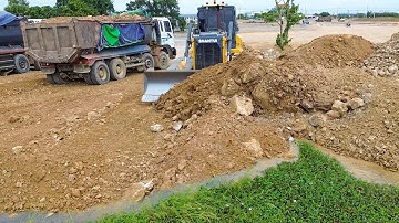 Nicely Landfill Project! Flood Block Huge Shantui Dozer DH17C3 Pushing Stones with Dump Truck