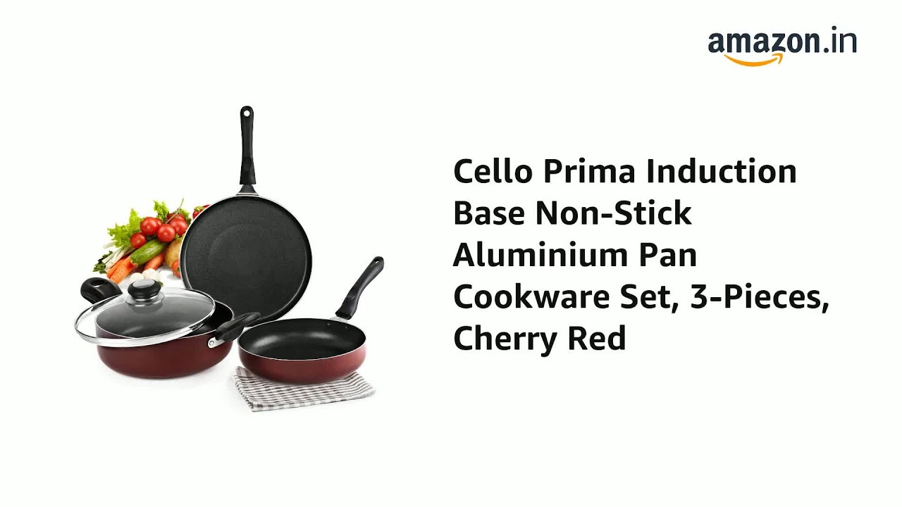 Cello Prima Induction Base Non-Stick Aluminium Pan Cookware Set, 3-Pieces, Cherry Red