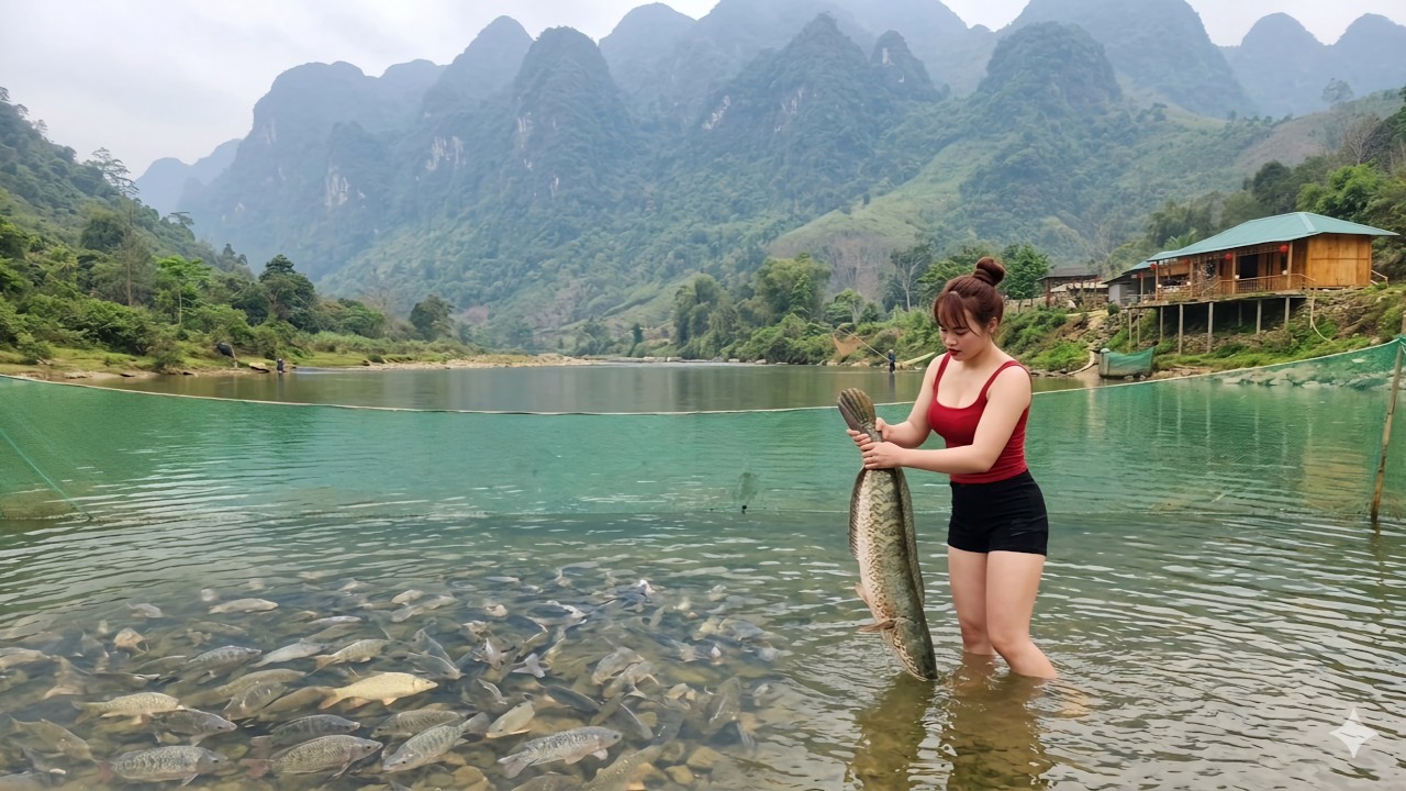 The girl caught fish using a net to block the stream and two huge ...