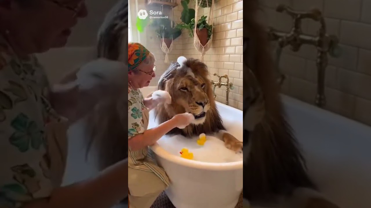 Best wash your lion #lion #animallovers #kingofthewild #naturelovers #lions #aishorts #sora2 #nature