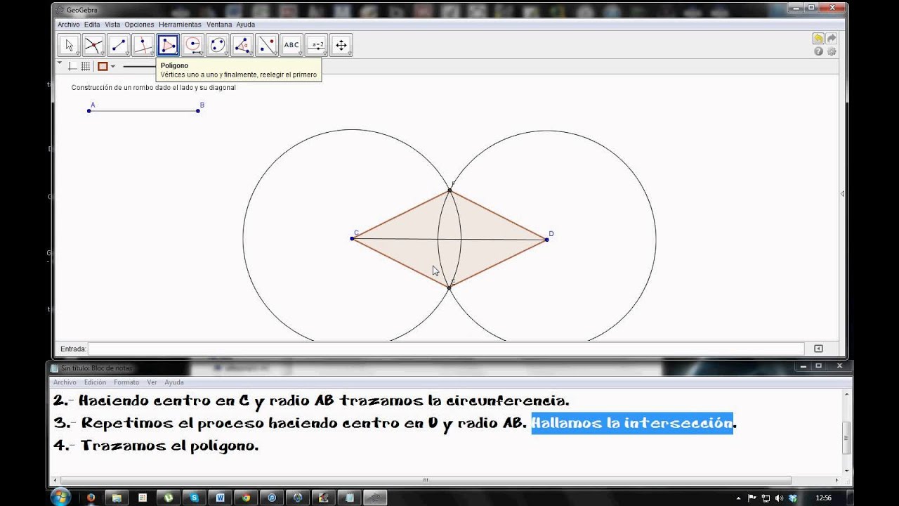 Construcción de un rombo dada su diagonal y su lado - YouTube