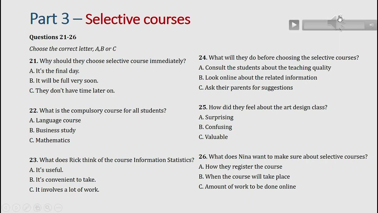IELTS listening actual test Part 3: Selective courses (answer+ ...