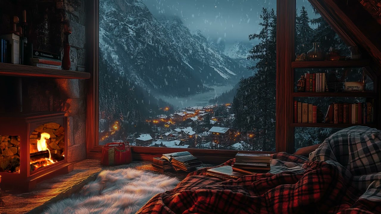 Cozy Winter Cabin: Crackling Fireplace & Soothing Snowstorm Sounds for Restful Sleep