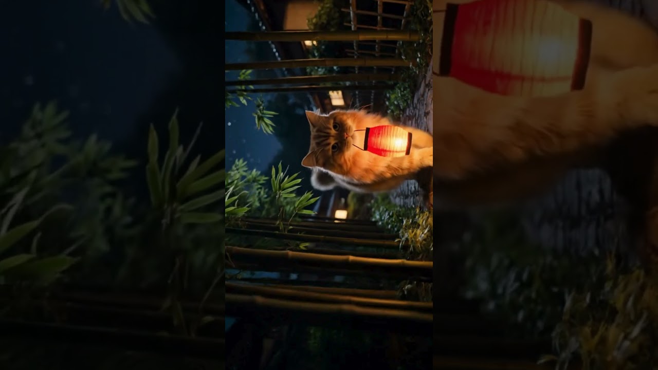 Fluffy Cat with a Red Lantern