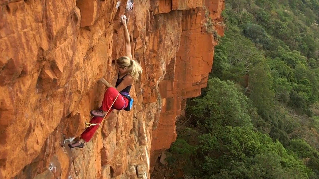 Katy Whittaker climbing Snapdragon (29), Waterval Boven, South Africa