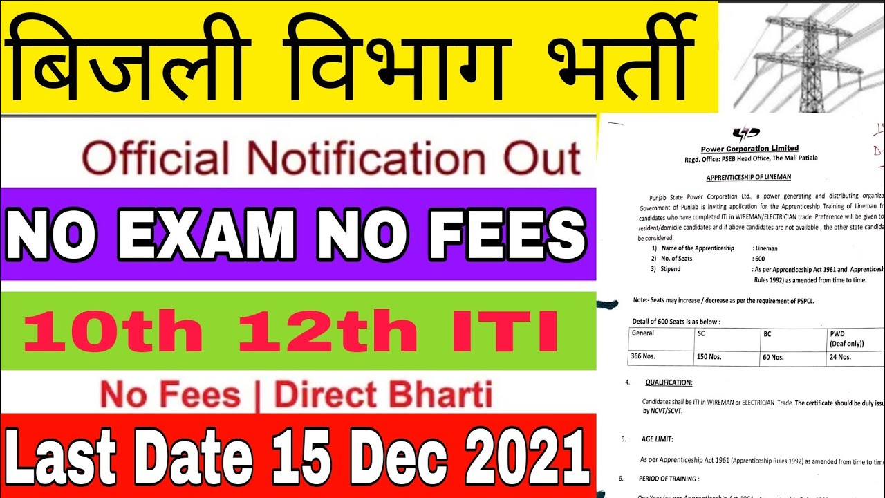 बिजली विभाग भर्ती 2021 22 | electricity department vacancy 