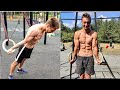 Гимнасты на workout-площадке: тренировка на кольцах