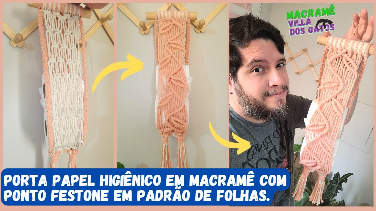 Aula de macramê passo a passo - Porta papel higiênico de macramê com padrão floral em ponto festone
