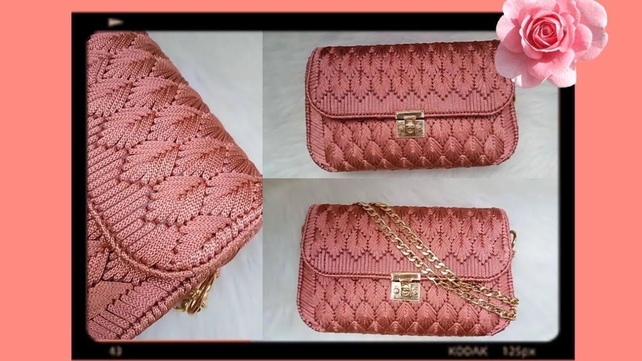 شنطه كروشيه كنفاه  من خيط السلسله  علي شكل ورقه شجر🧵🧶